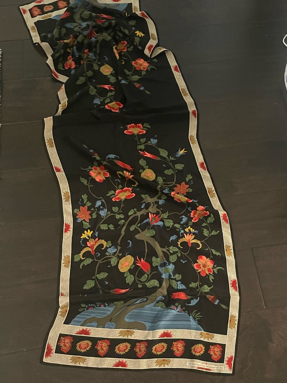 Metropolitan Museum Black Floral Silk Scarf with Multicolor Blossom Print